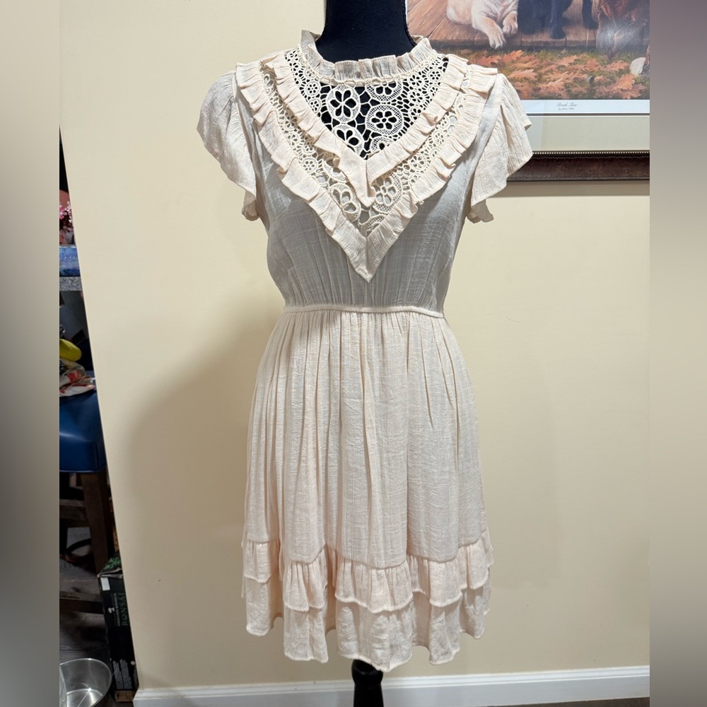 Anthropologie Cream Ruffled Lace-Detail Mini Dress